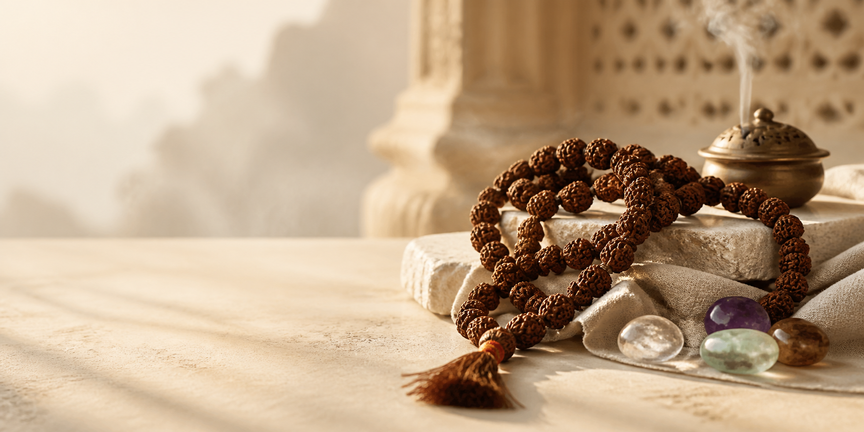 Rudraksha mala and natural gemstones in warm morning light